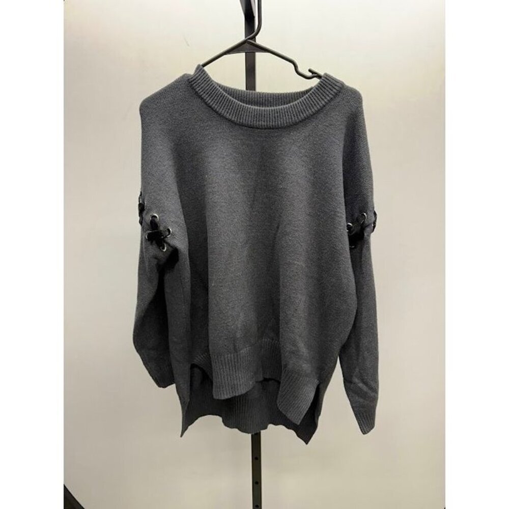 Molly Bracken Grey Crewneck Lace Up Sleeve Sweater